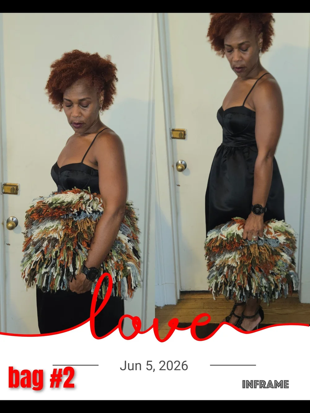 Multicolor Shag Fringe Clutch - Black, Green & Rust Tones